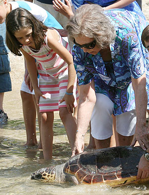 La siempre ecologista Doa Sofa asiste a la liberacin de tres tortugas en Baleares